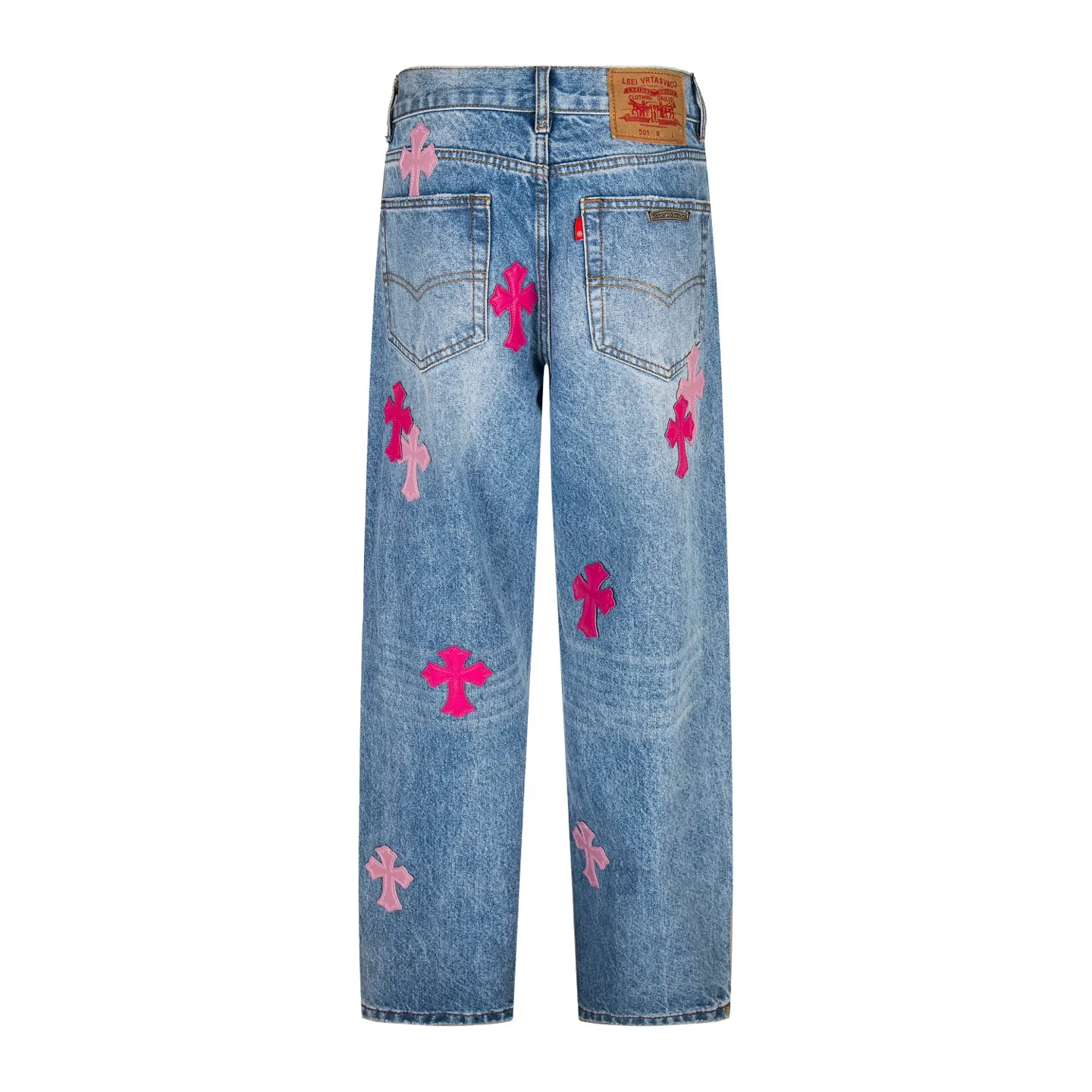 P260 High version (evergreen version) Chrome Hearts 25FW CH blue trousers pink leather cross bamboo jeans adopt patchwork elements, mostly presented in the shape of a cross, with glitter on the leather surface. Unique design, simple and elegant details, exquisite workmanship, neat lines of the entire trousers, and in place details! It’s also so cool that both men and women can easily control it. It’s a gender-neutral trendy up version. Style number: 1728# Color: blue pants and pink leather Size: 28 30 32 34 36